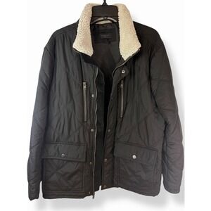 Magaschoni Man Mock Sherpa Neck Quilted Jacket Sz XL Black Men's Zipper Coat EUC